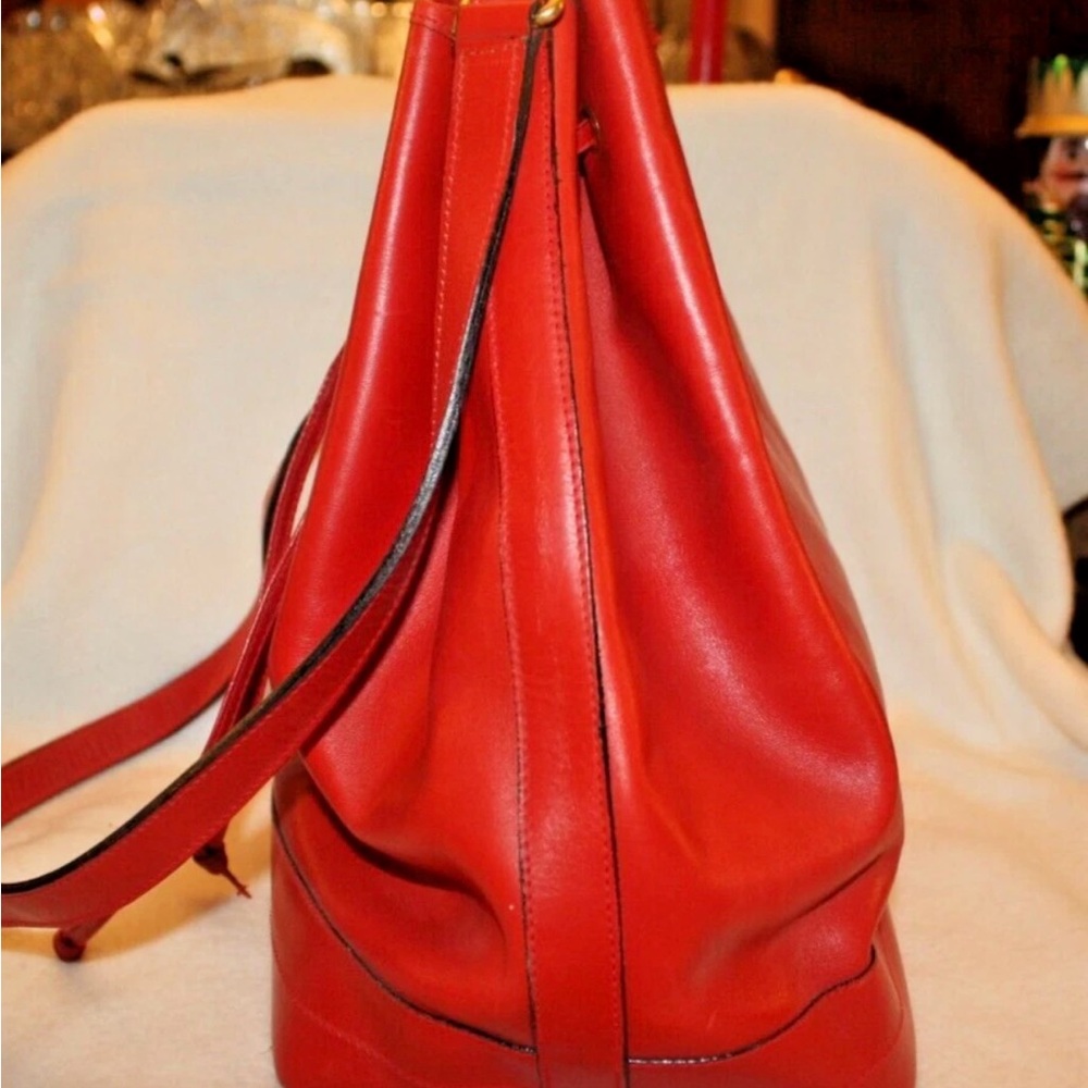 Red Leather Drawstring Bucket Bag - Picture 7 of 9
